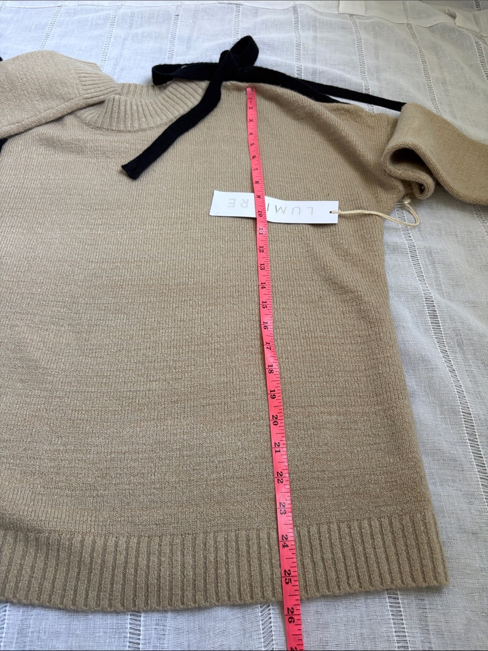 Lumiere’s Beige Cold-Shoulder Knit Sweater with Black Tie Details - Picture 13 of 13